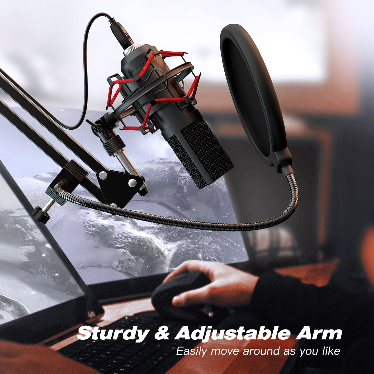 FIFINE USB Gaming Microphone Set with Flexible Arm Stand Pop Filter Plug&Play with PC Laptop Computer Streaming Podcast Mic T732