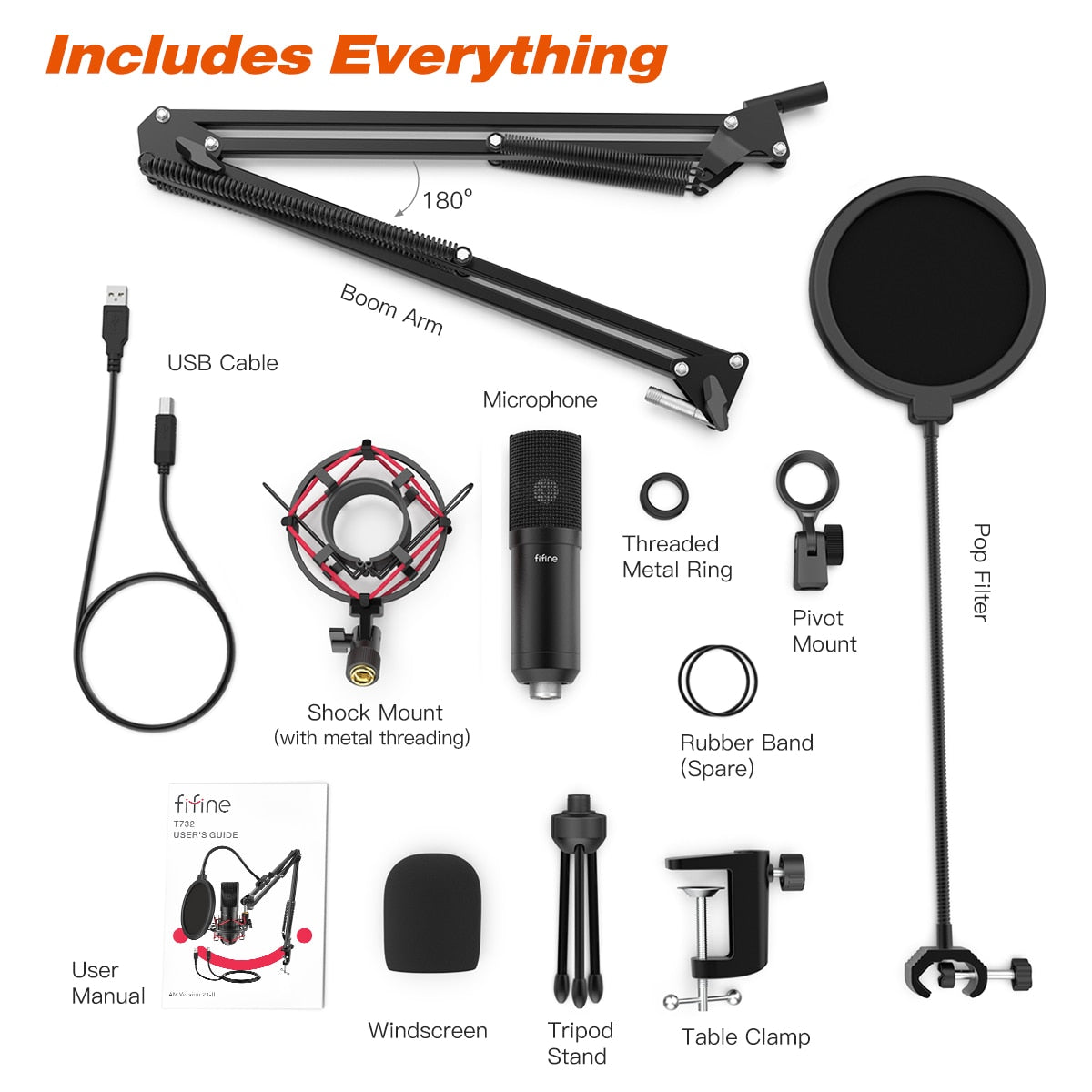 FIFINE USB Gaming Microphone Set with Flexible Arm Stand Pop Filter Plug&Play with PC Laptop Computer Streaming Podcast Mic T732