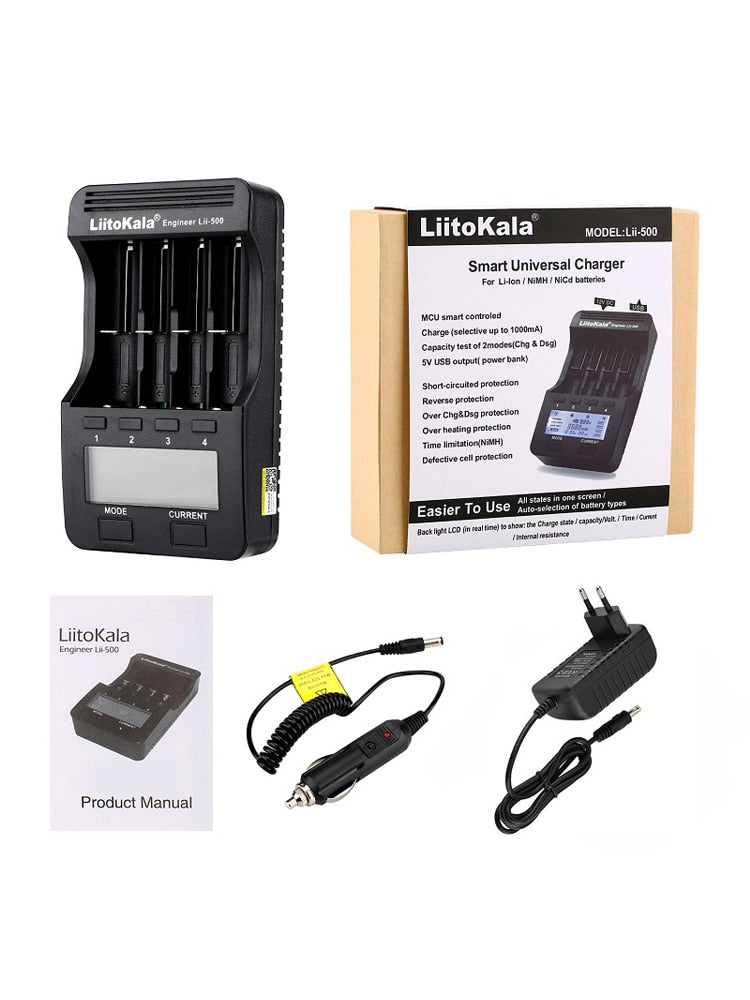 LiitoKala lii-500 LCD 3.7V/1.2V AA/AAA 18650/26650/16340/14500/10440/18500 Battery Charger with screen+12V2A adapter lii500 5V1A