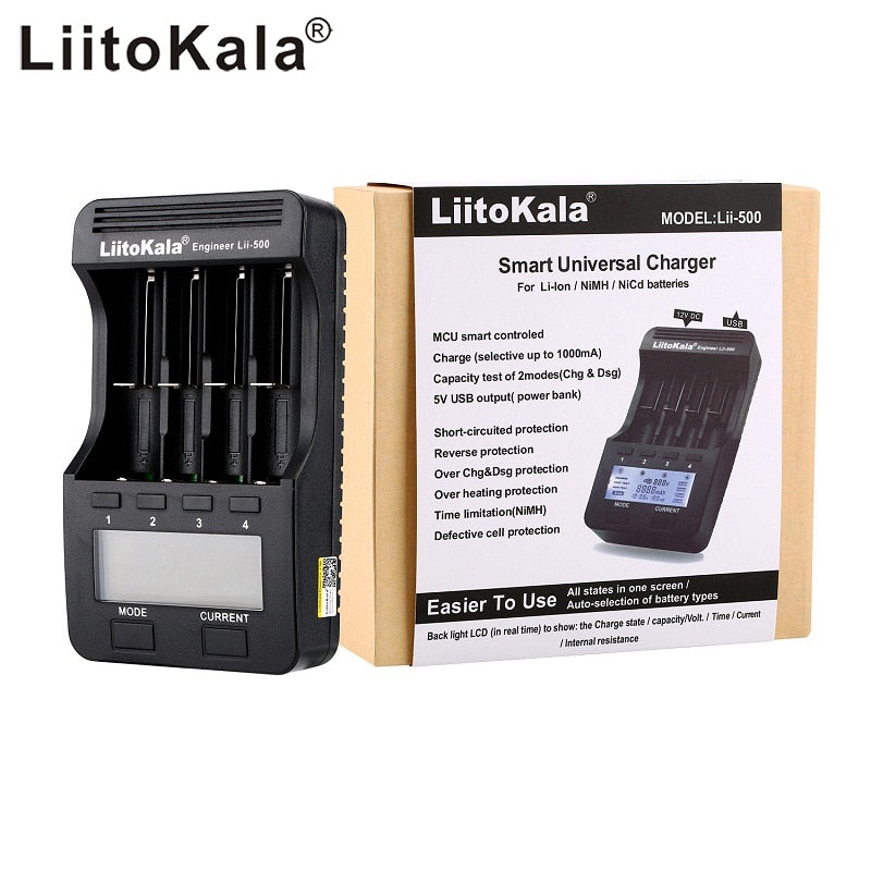 LiitoKala lii-500 LCD 3.7V/1.2V AA/AAA 18650/26650/16340/14500/10440/18500 Battery Charger with screen+12V2A adapter lii500 5V1A