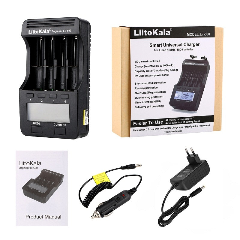 LiitoKala lii-500 LCD 3.7V/1.2V AA/AAA 18650/26650/16340/14500/10440/18500 Battery Charger with screen+12V2A adapter lii500 5V1A