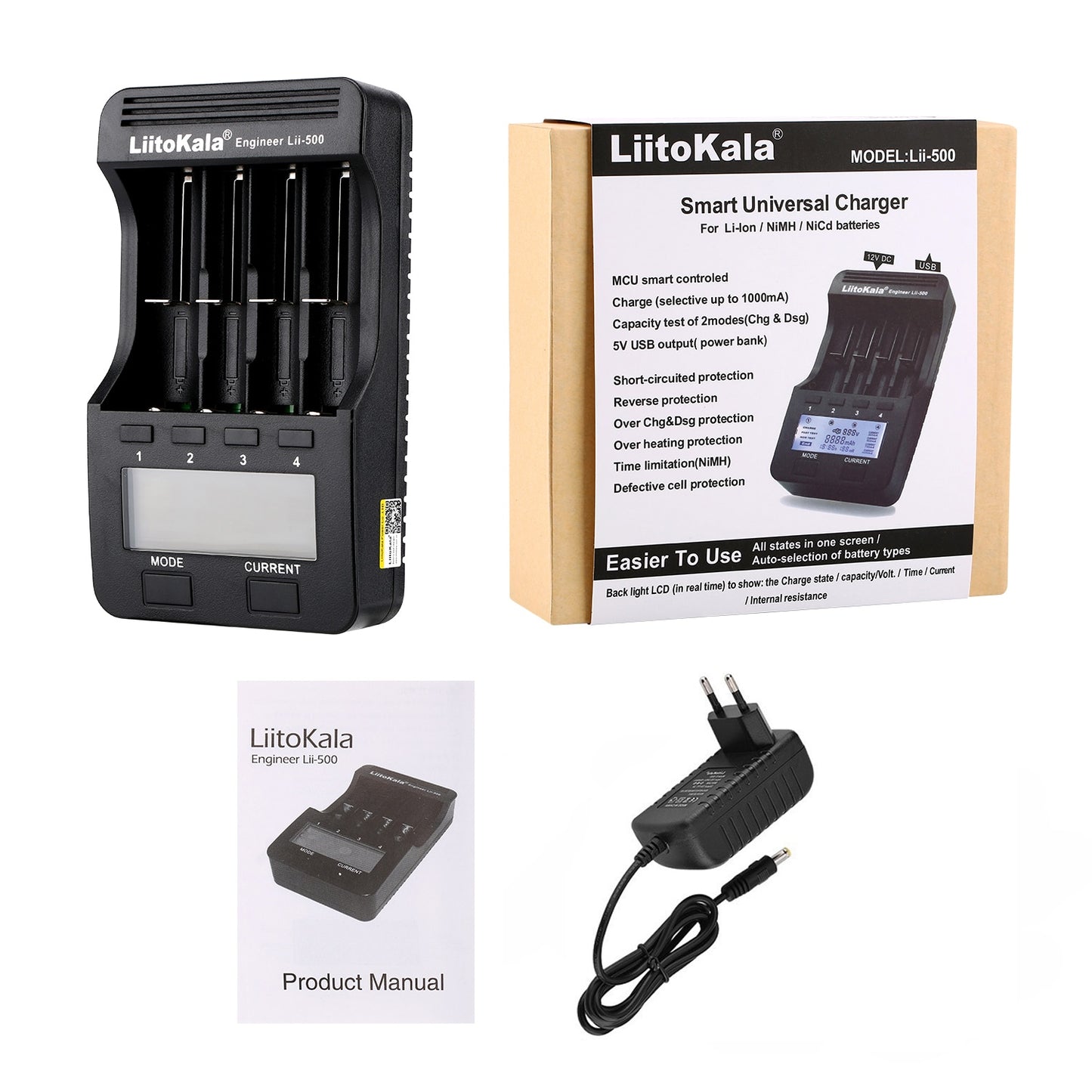 LiitoKala lii-500 LCD 3.7V/1.2V AA/AAA 18650/26650/16340/14500/10440/18500 Battery Charger with screen+12V2A adapter lii500 5V1A